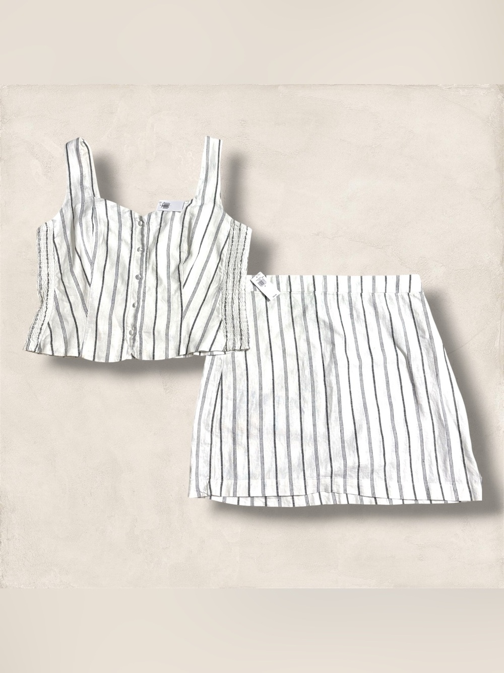 Striped Linen Button Crop Top & Mini Skirt Set - White with Navy Stripes